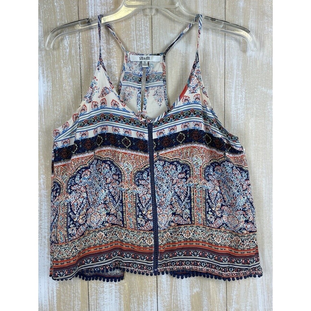 AnM Size Small Peasant Boho Cami Top Open Back Fringe Trim